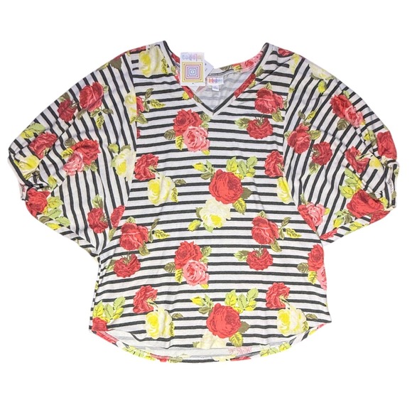 LuLaRoe Tops - LuLaRoe Renee‎ Top Floral Stripe V-Neck Dolman Sleeve Blouse Size L